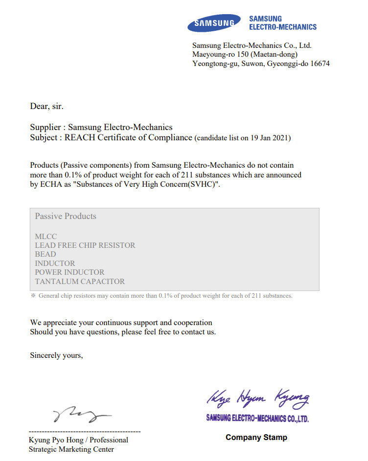 REACH Certificate of Compliance